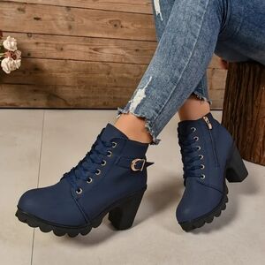 Navy Blue Chunky Heel Ankle Boots Size 8